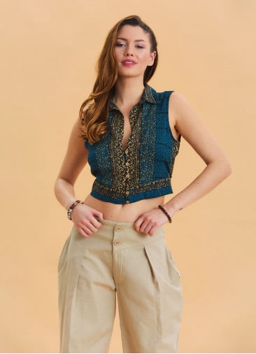 Shirt Collar Button Detailed Petrol Ethnic Blouse 4630